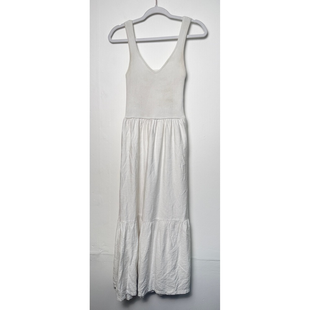 &merci White V-Neck Ribbed Knit Mixed Media Tiered Maxi Dress with Pockets M - Picture 1 of 8